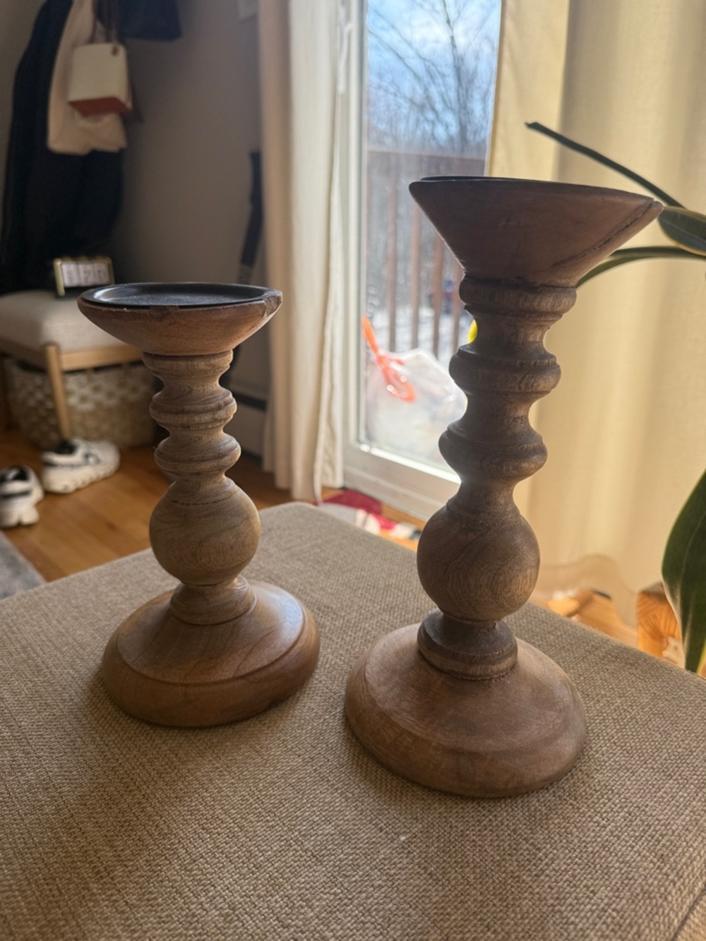 Wooden Turned Candle Holders - Natural Brown
